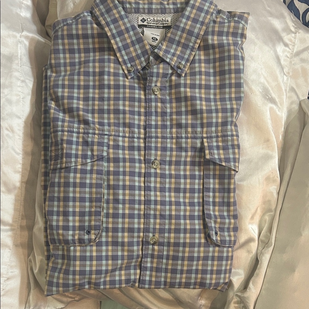 Columbia purple and Tan Checkered short sleeve Shirt
